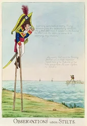 Beobachtungen auf Stelzen, Karikatur von Napoleon auf Stelzen, der Pitt und England über den Kanal beobachtet